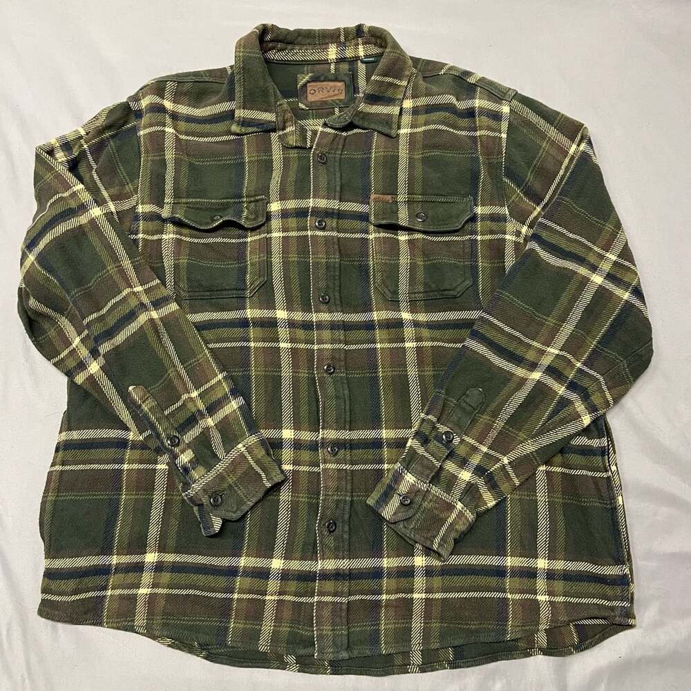 Orvis Plaid Heavyweight Flannel Shirt Green Long Sleeve Button Down Size XXL